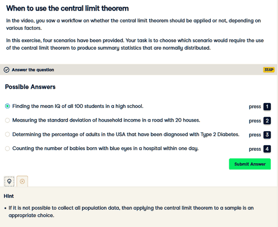 Screenshot of multiple choice question about the central limit theorem