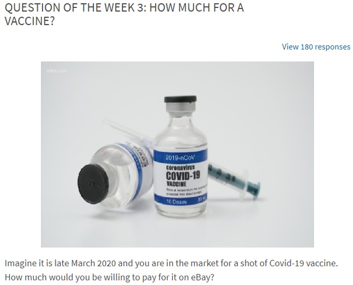 Question of the week: how much for a vaccine? Imagine it is late March 2020 and you are in the market for a shot of COVID-19 vaccine. How much would you be willing to pay for it on eBay?