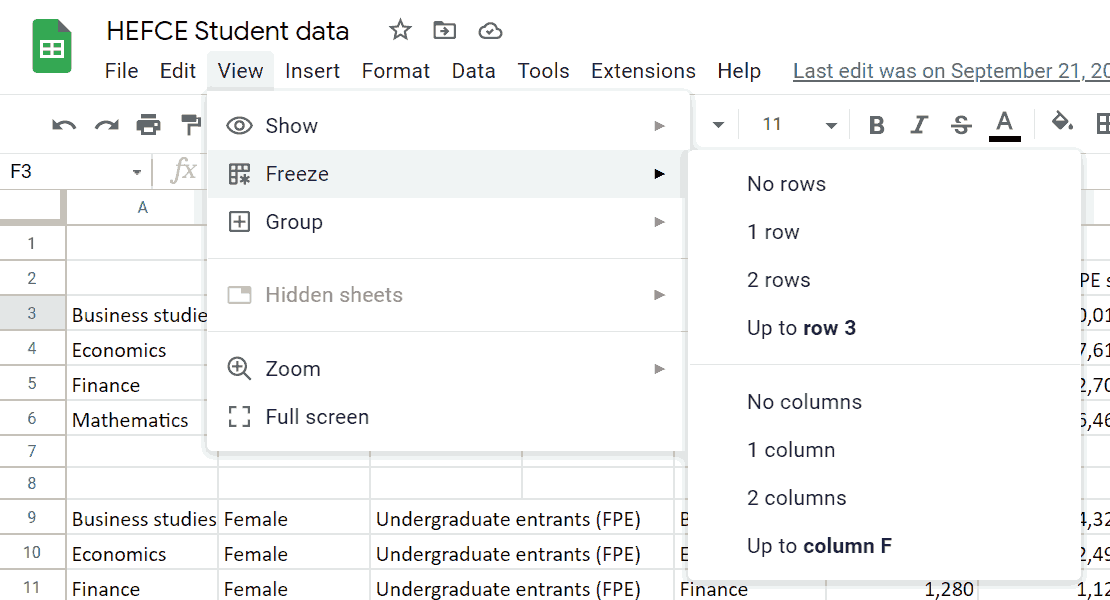 Google Sheets function accessed via View menu